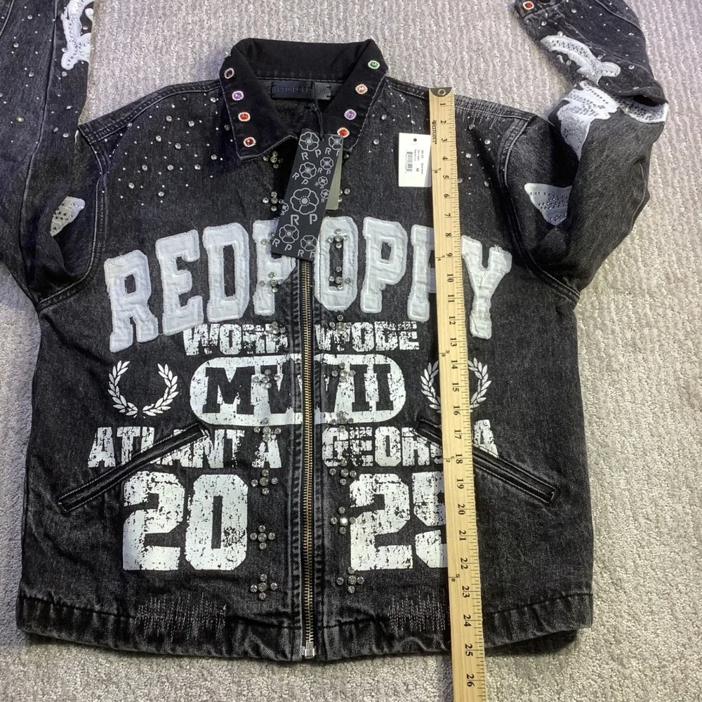 Red‎ Poppy Mens Black Wash Embellished Graphic Denim Jacket Size M NWT
